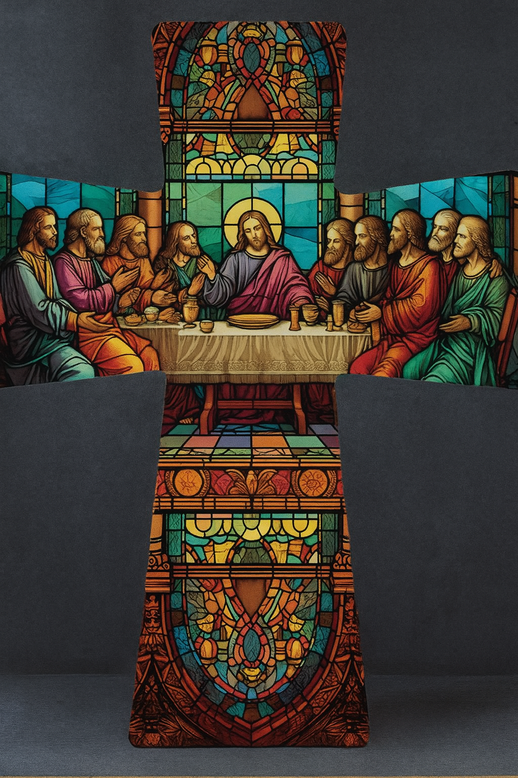 "Stained Glass Last Supper Christian Cross"