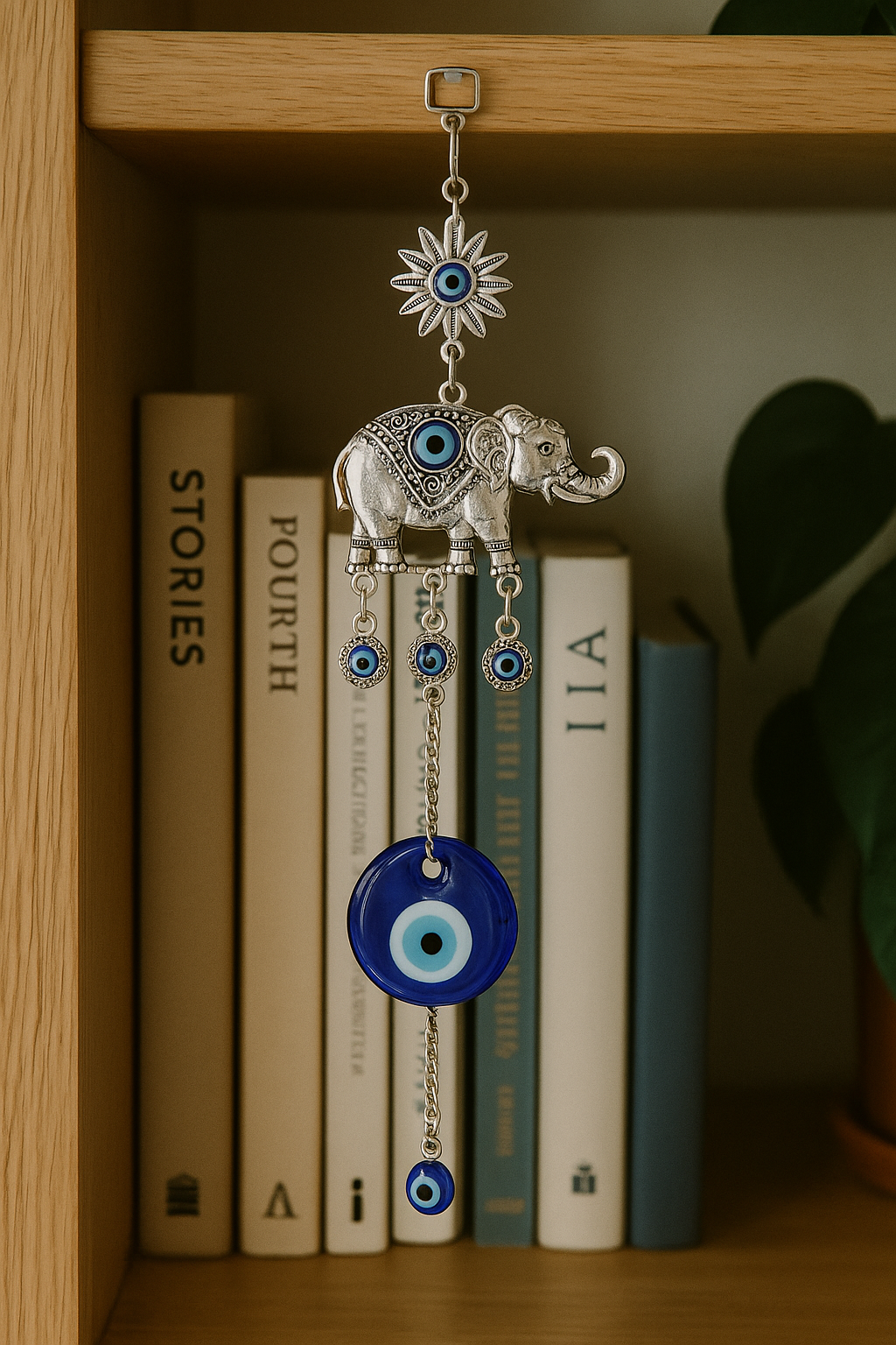 Round Evil Eye Bead Charm with Elephant Metal Pendant