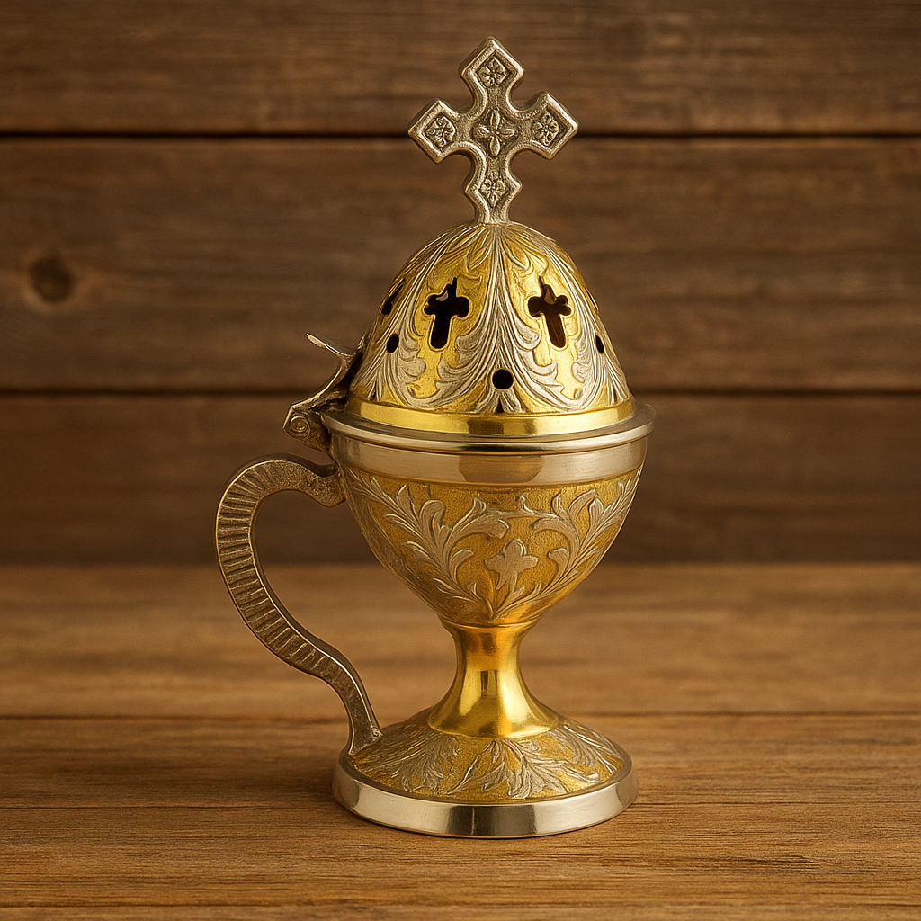 Gold and Silver Ornate Incense Censer with Cross Lid