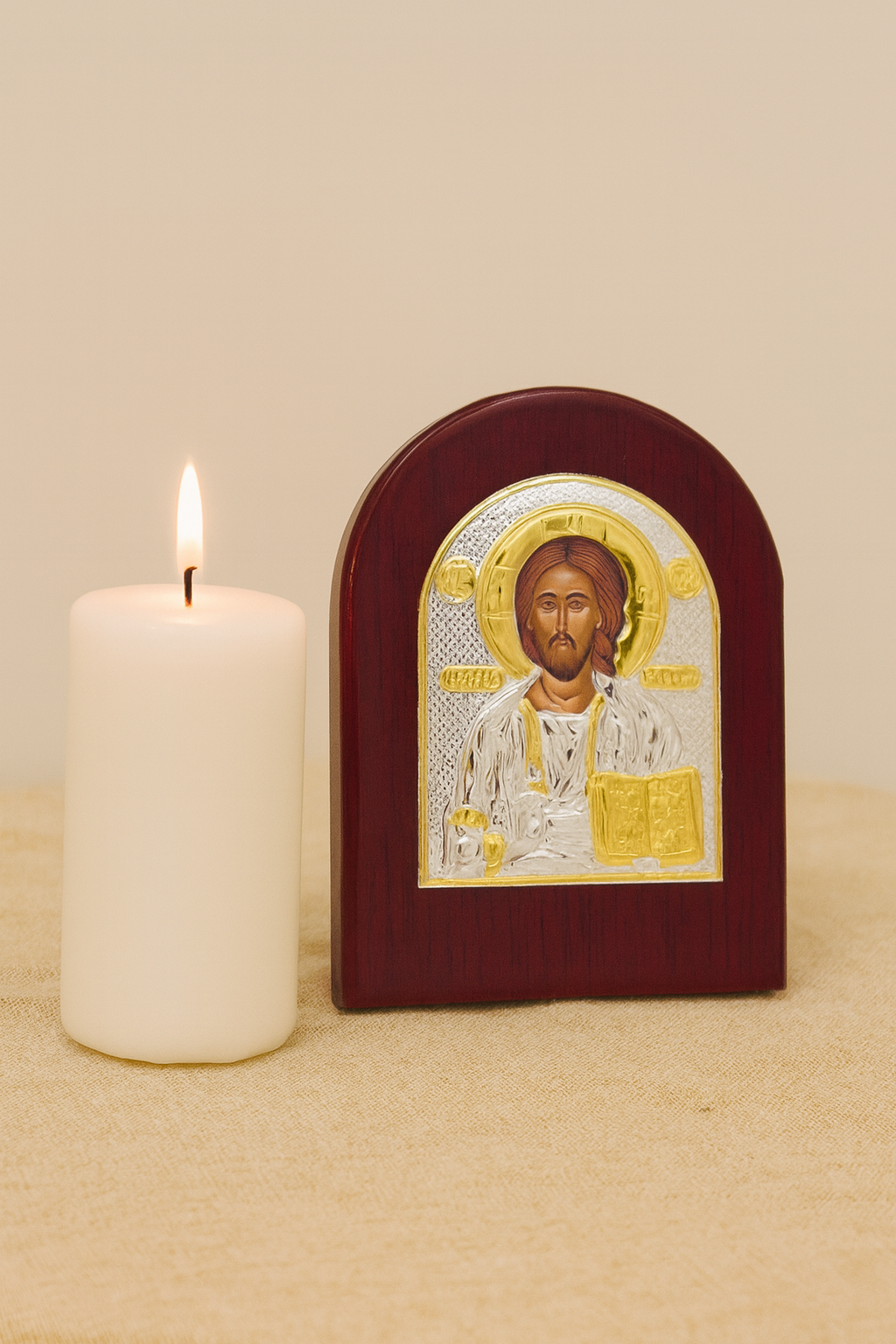 Gold-Plated Orthodox Holy Jesus Icon Plaque – Red Wood Frame (80×104 mm)