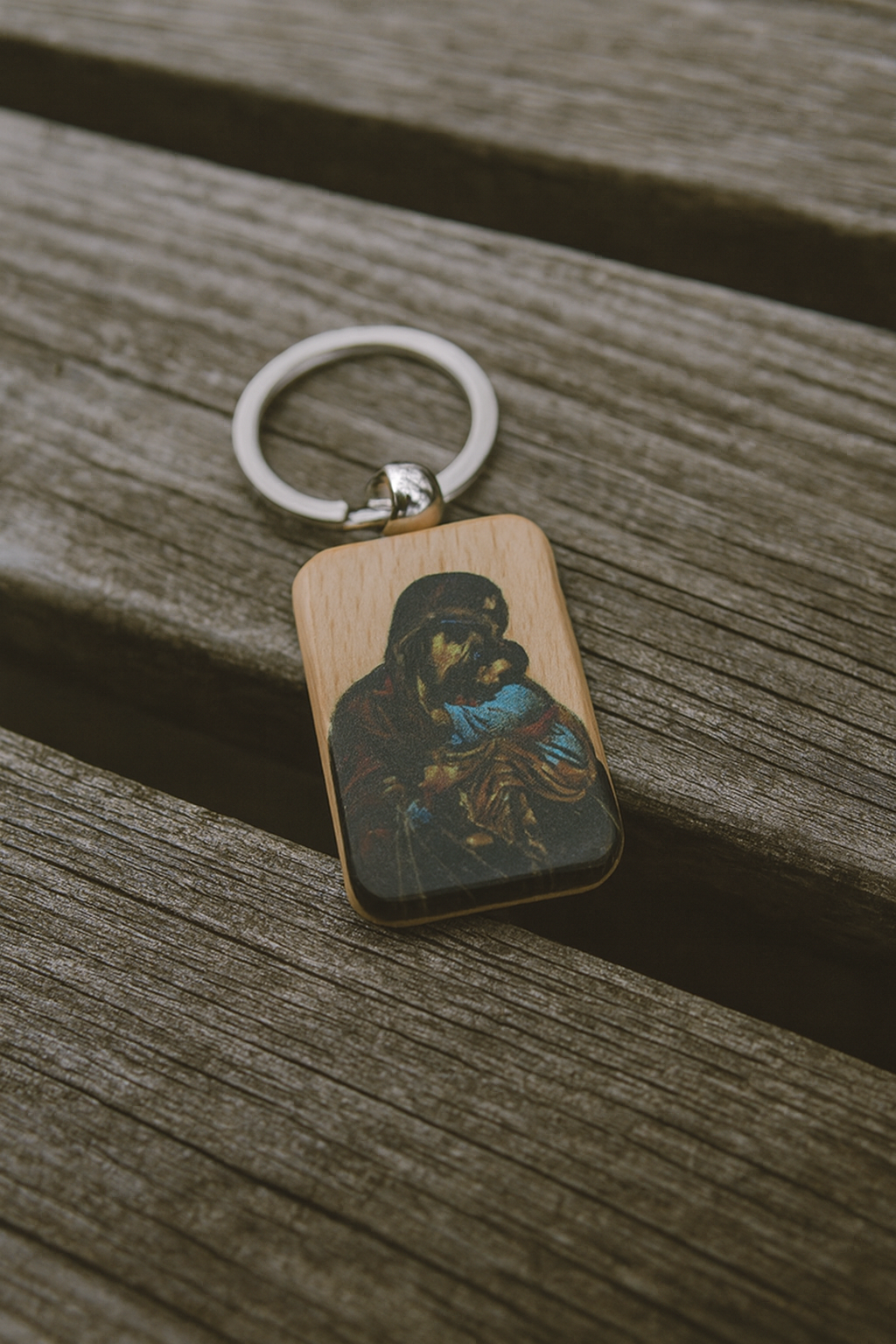 Rectangle Wooden Orthodox Holy Mother & Child Key Ring