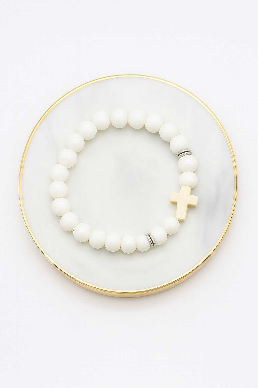 White Acrylic Beads Elastic Kids Bracelet with Ivory Cross & Black