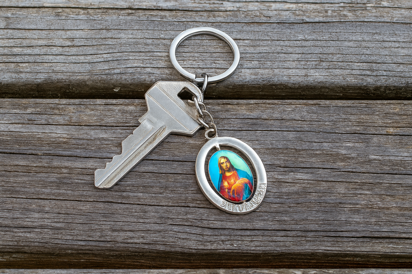 Sacred Heart Jesus Silver Key Ring – Elegant Spiritual Protection