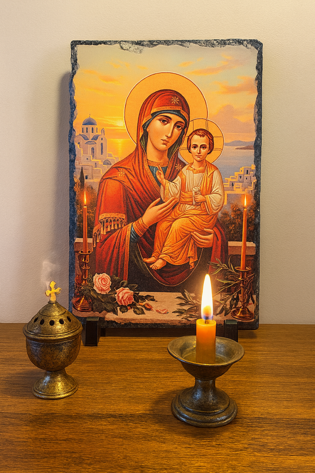 Handcrafted Slate Icon of the Virgin Mary and Child Jesus