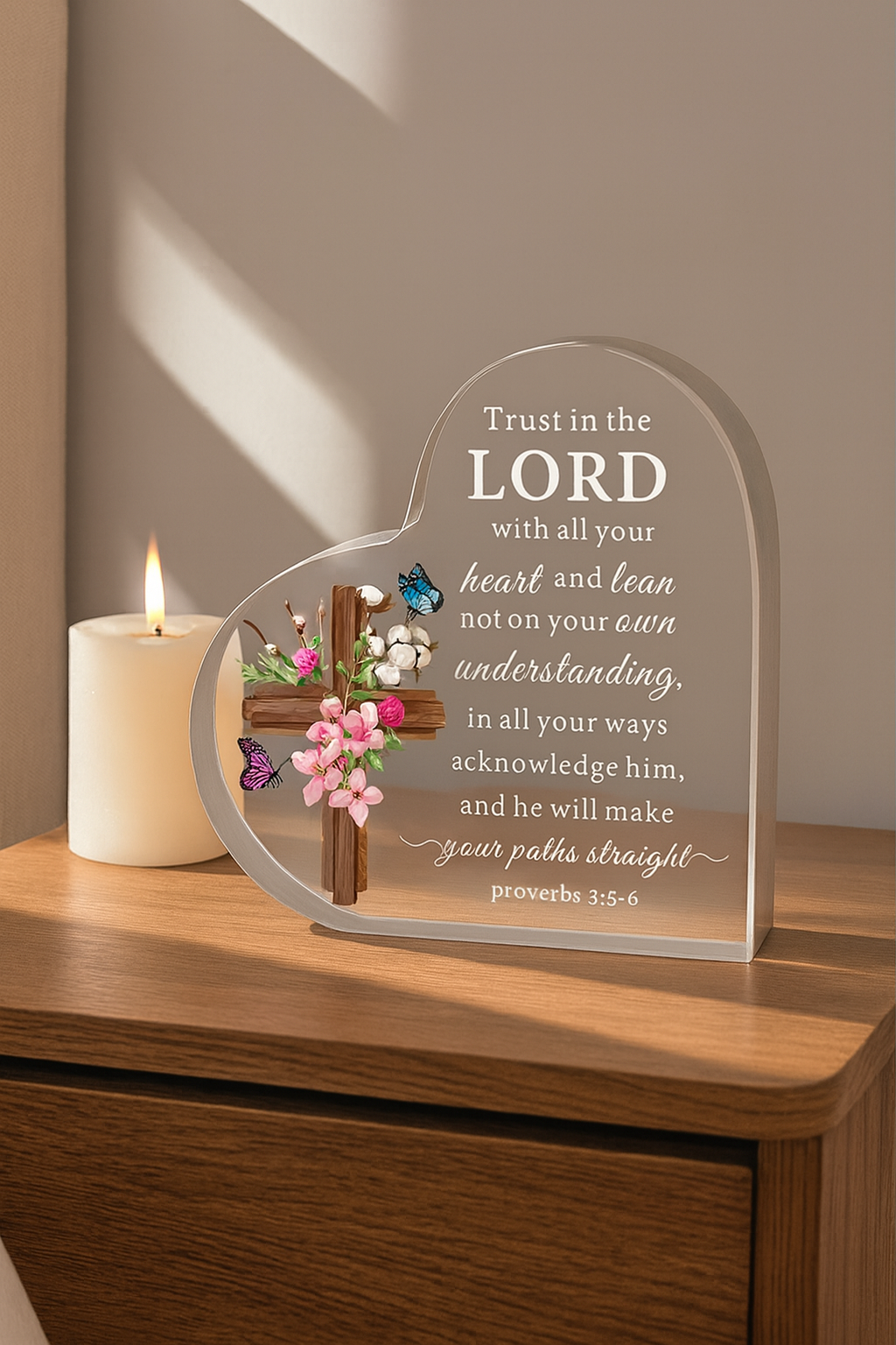 Heart-Shaped Acrylic Scripture Plaque with Floral Cross & Butterflies