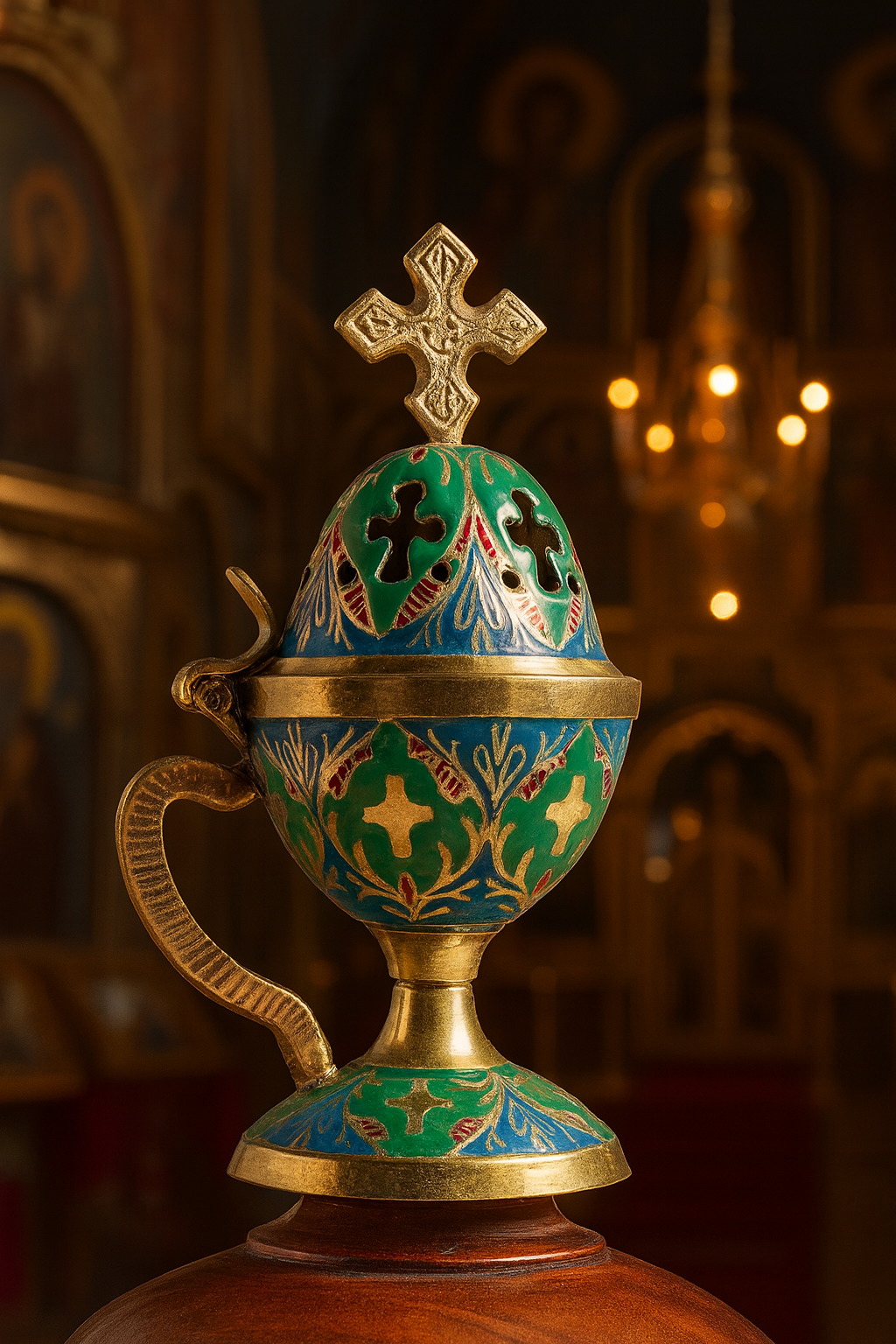 Ornate Enamel Egg Chalice with Cross Lid