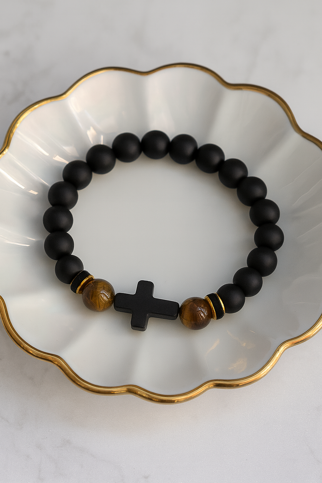Kids Black Elastic Bracelet with Acrylic Beads & Cross Charm
