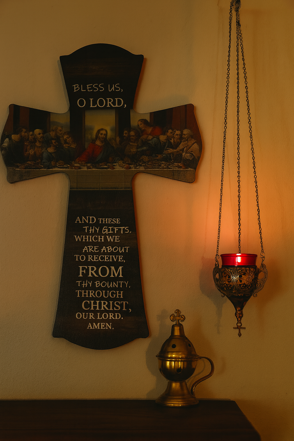 Brown Wooden Cross with Last Supper Image – 200 x 300mm
