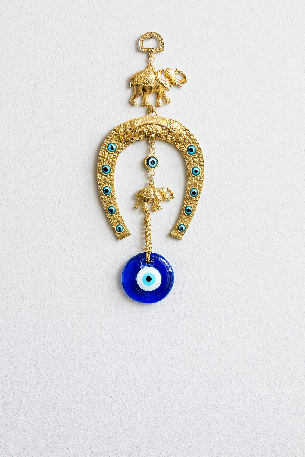 Gold Horseshoe & Elephant Evil Eye Wall Hanging – Protection & Good Luck Charm