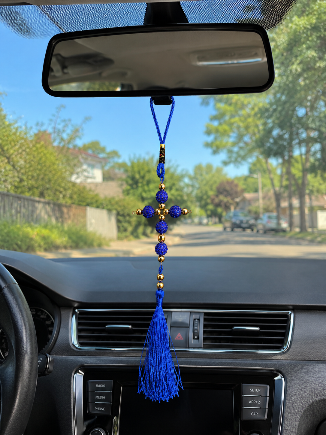 Crystal Cross Car Charm with Tassel –