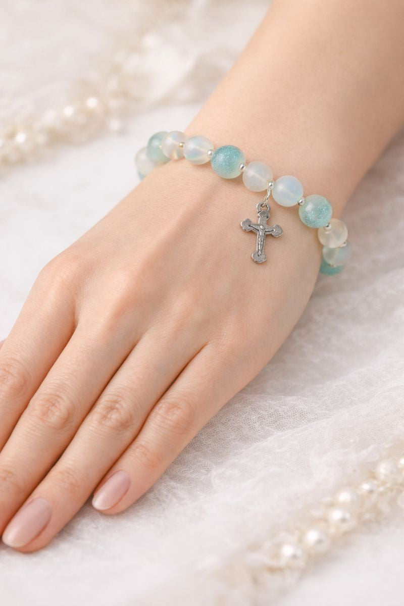 Light Blue Acrylic Beaded Elastic Bracelet with Silver Cross Charm
