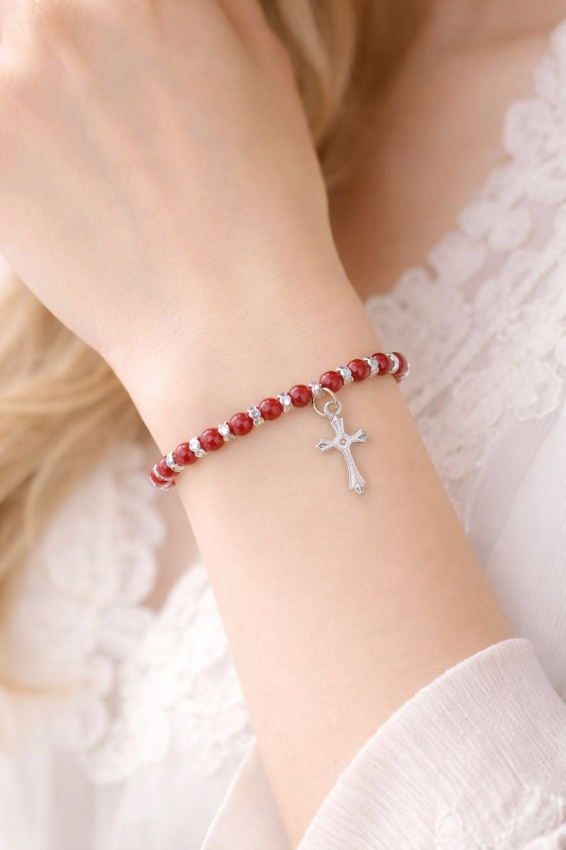 Red Beaded Elastic Bracelet with Silver Cross Charm