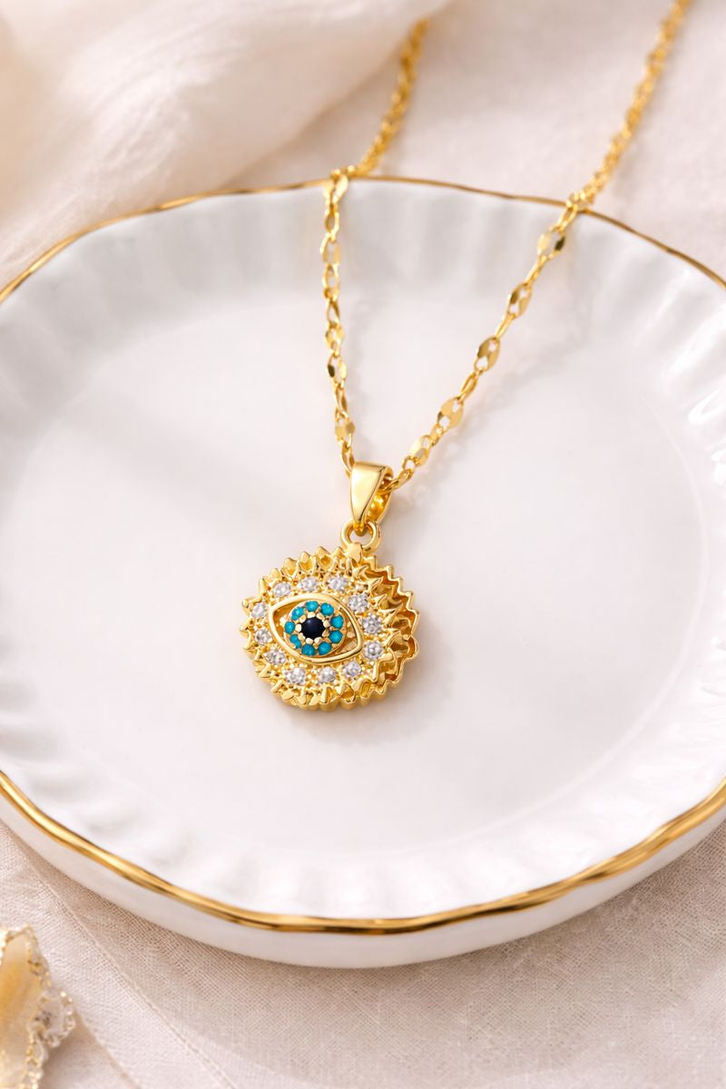 Rotating Blue Eye Cube Zirconium Pendant Necklace (Code 12-91)