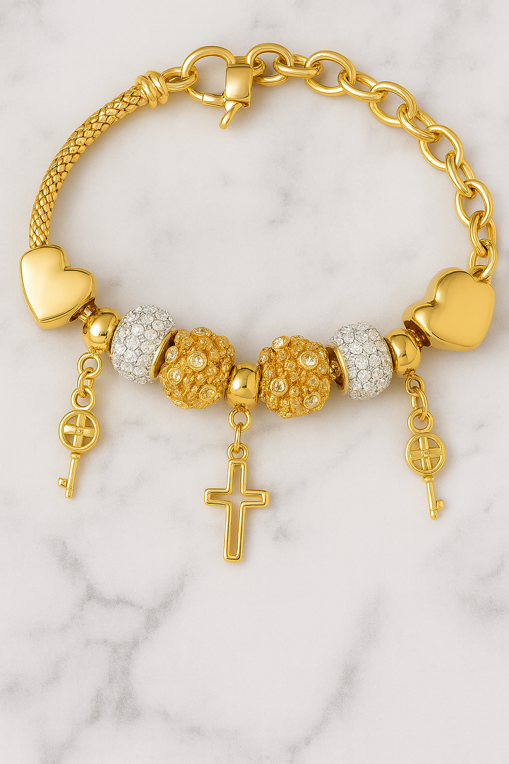 Gold Charm Bracelet with Cross and Heart Beads ( code 14-110)