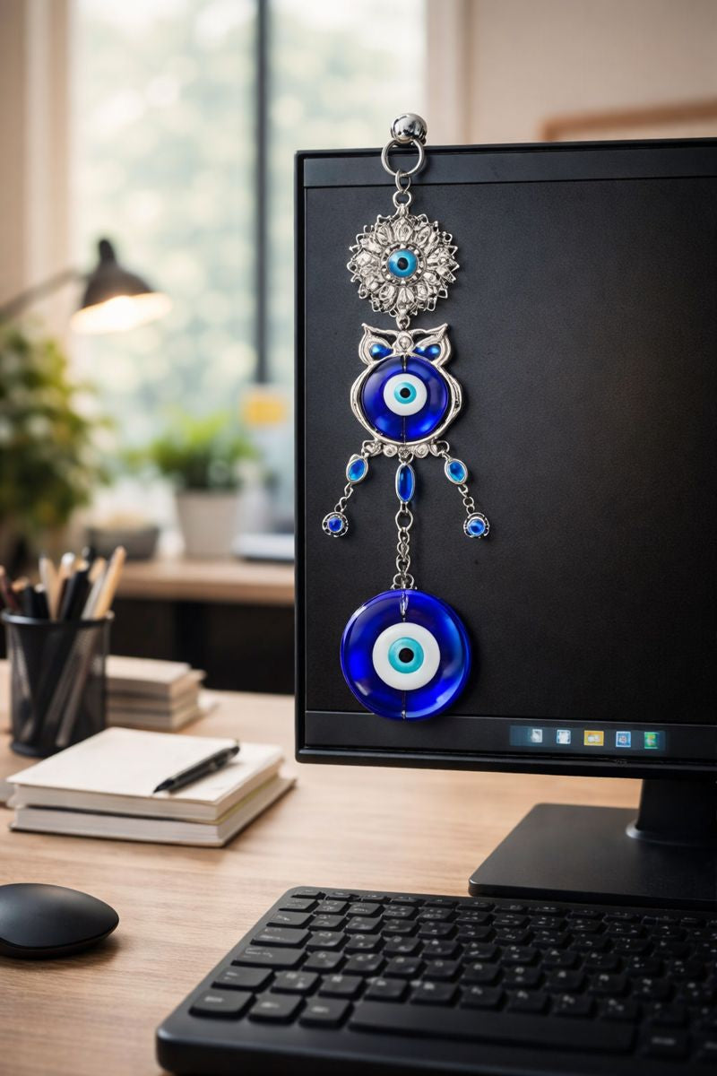 Blue Evil Eye Hanging Charm with Owl Pendant – Home & Car Protection Décor