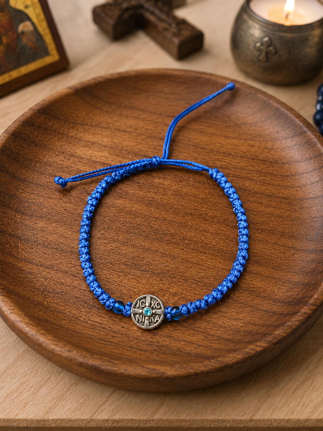 Blue IC XC NIKA Orthodox Prayer Bracelet with Silver Cross Medal (K9)