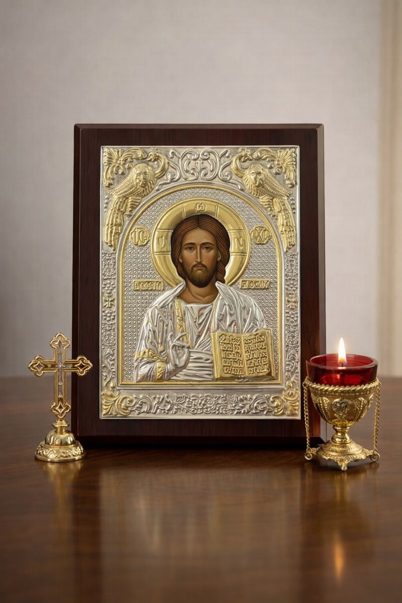 Christ Pantocrator Icon – Silver & Gold Tone on Wooden Plaque 12x8