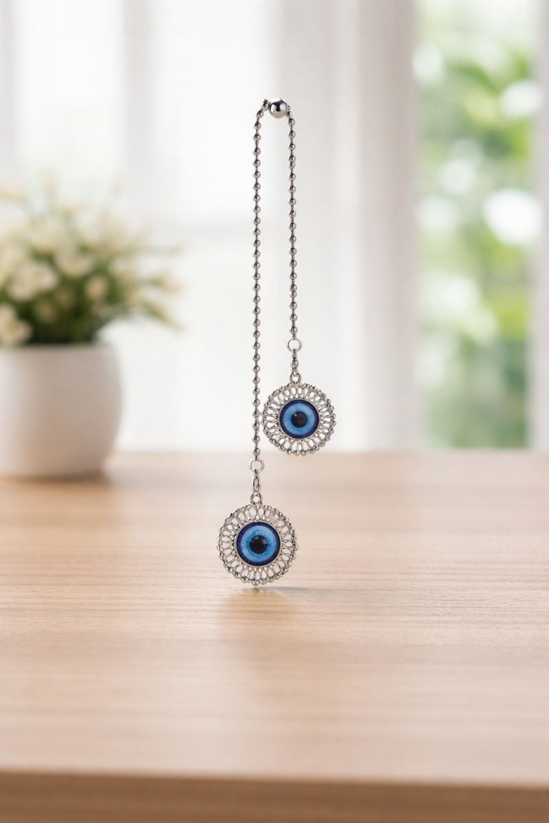 Double Evil Eye Hanging Charm – Silver & Blue
