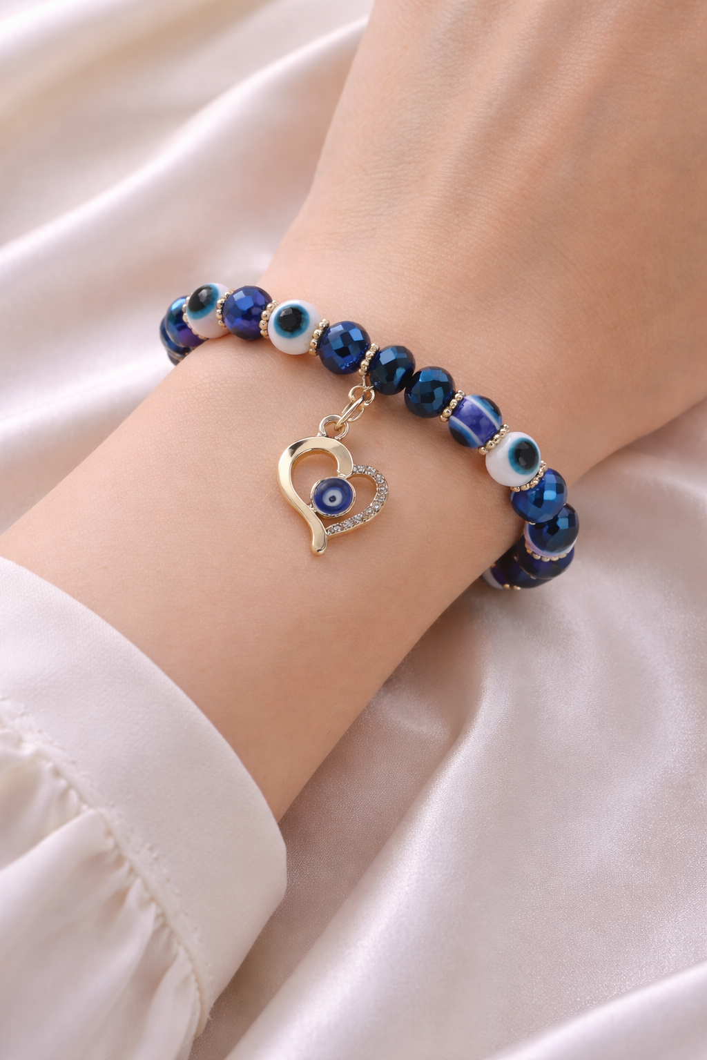 Evil Eye Beaded Bracelet with Heart Charm (Code 8-61)