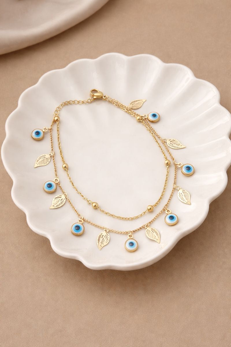 Gold Plated Evil Eye Leaf Anklet