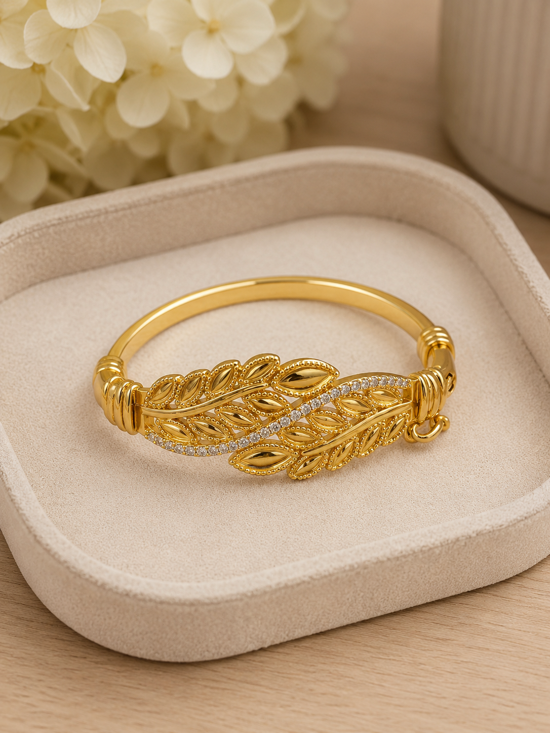 Gold Leaf Cuff Bracelet with Crystal Accents