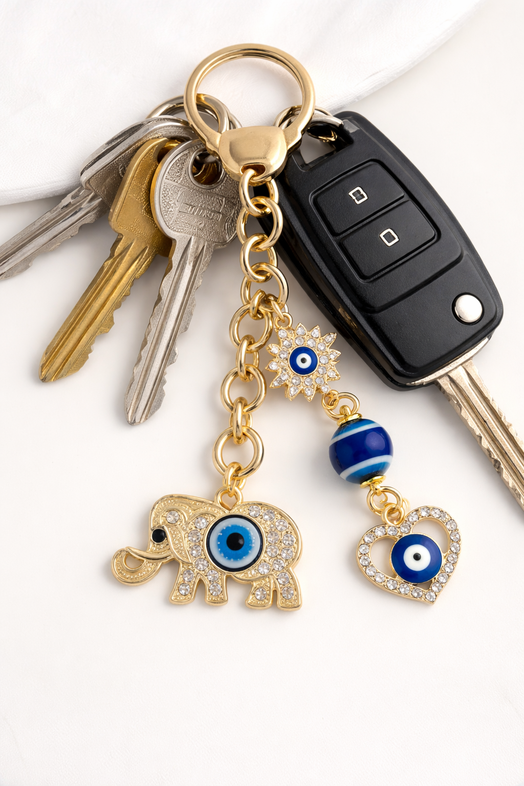 Evil Eye Elephant Keychain – Gold Charm Keyring