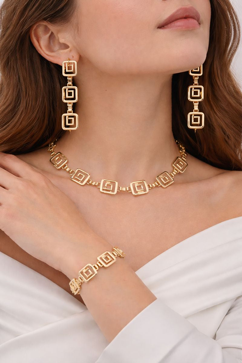 Gold Plated Geometric Square Link Jewellery Set