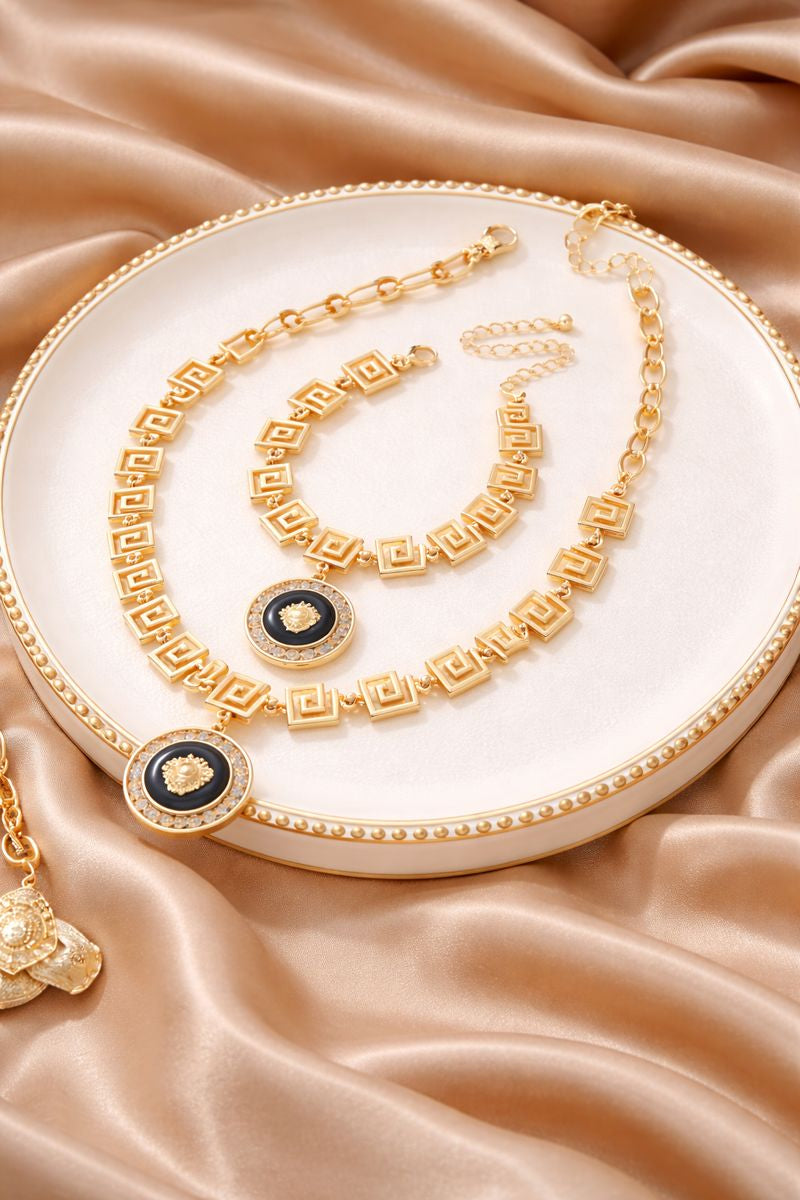 Greek Key Medallion Necklace & Bracelet Set