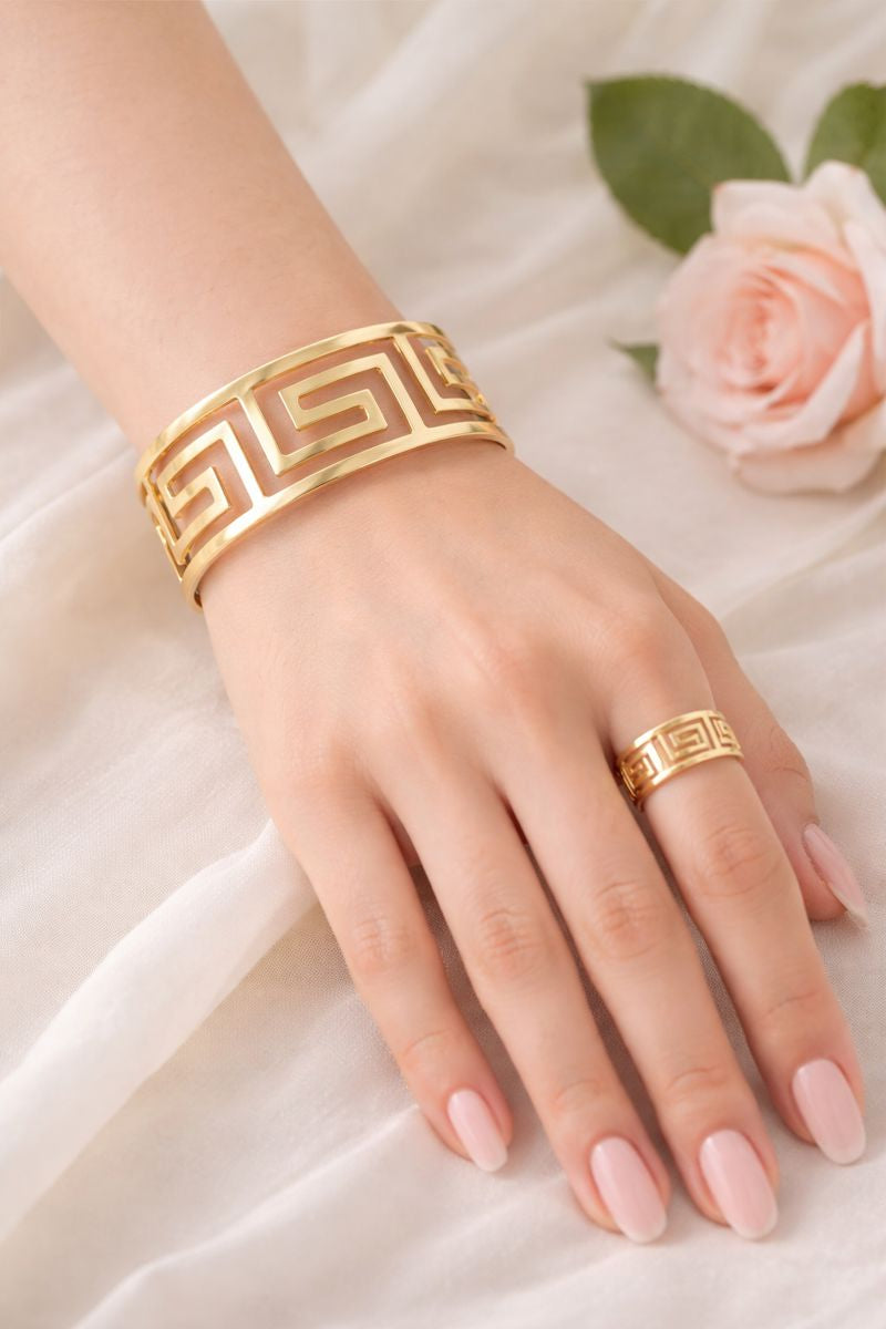 Greek Key Gold Cuff Bracelet & Ring Set