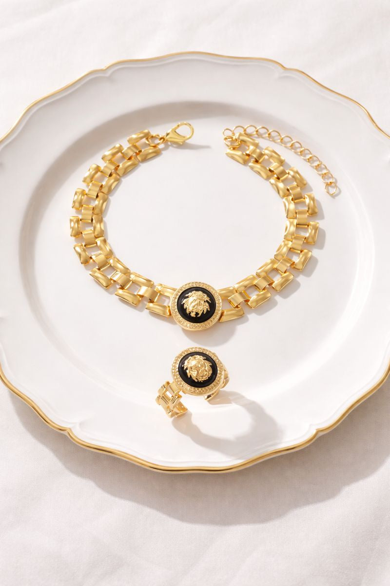 Gold Lion Medallion Bracelet & Ring Set ( Code 22-173)
