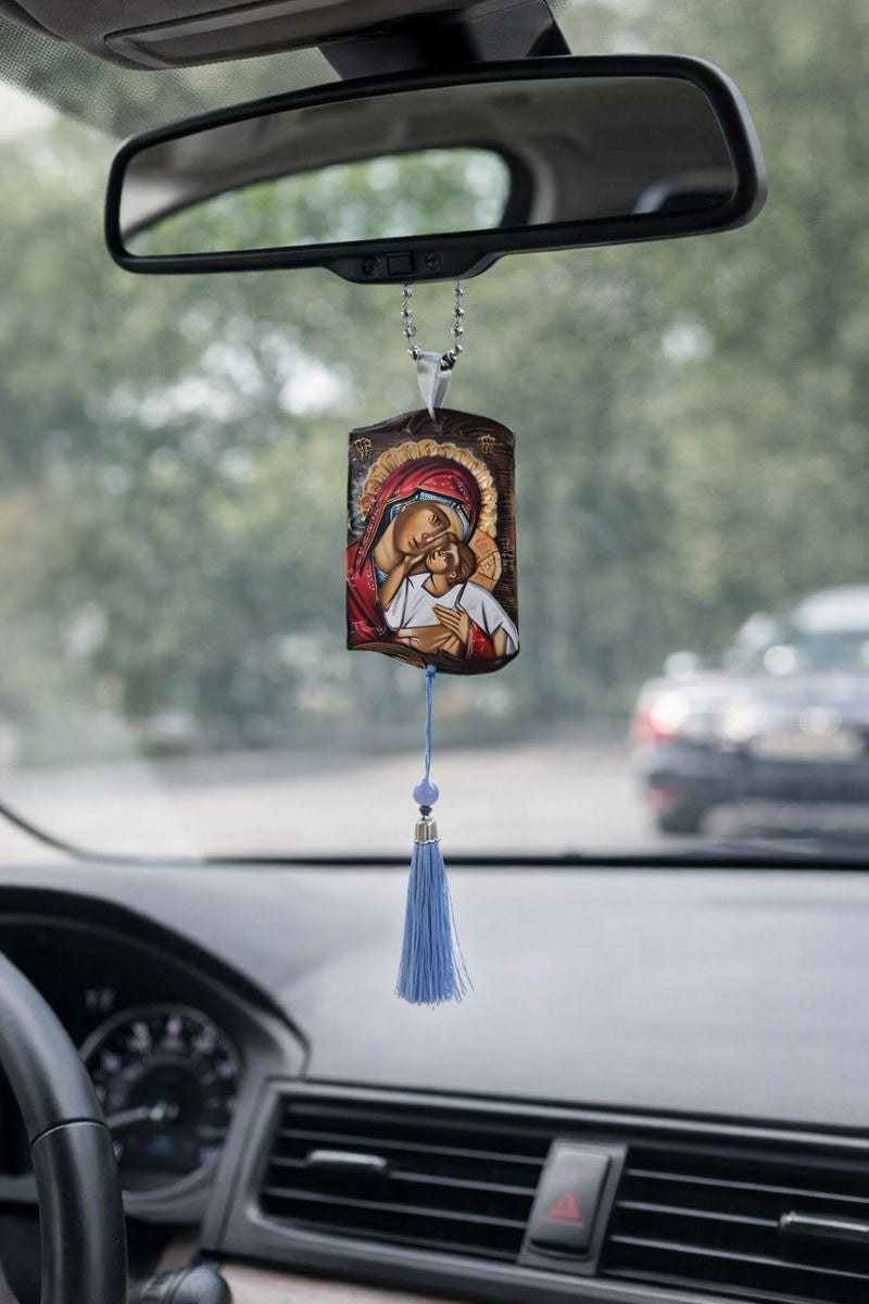 Orthodox Car Hanging Icons – Virgin Mary & Child + Jesus Christ Pantocrator