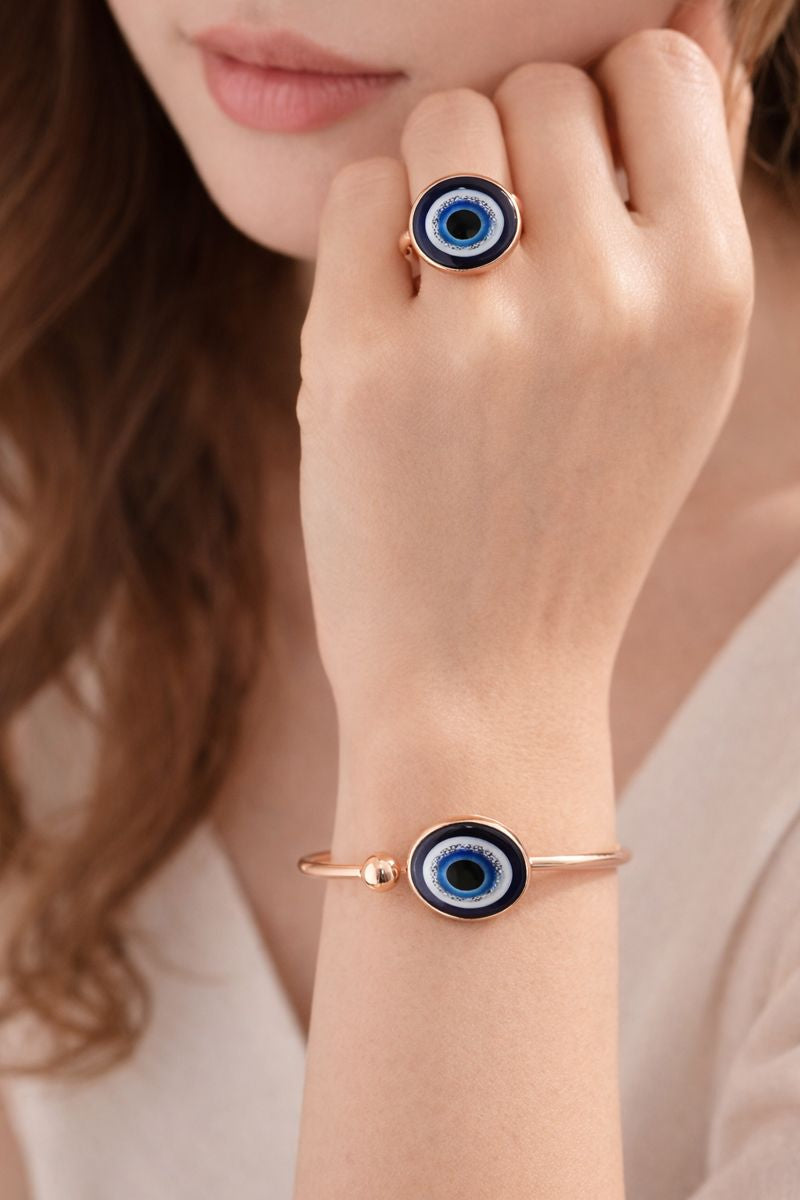 Rose Gold Plated Evil Eye Bracelet & Ring Set