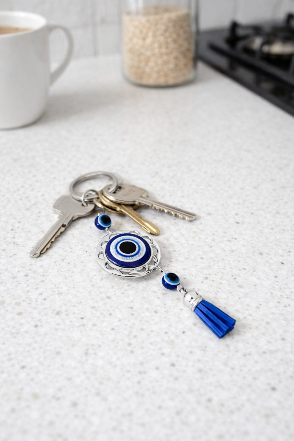 Evil Eye Keychain – Blue & Silver with Tassel