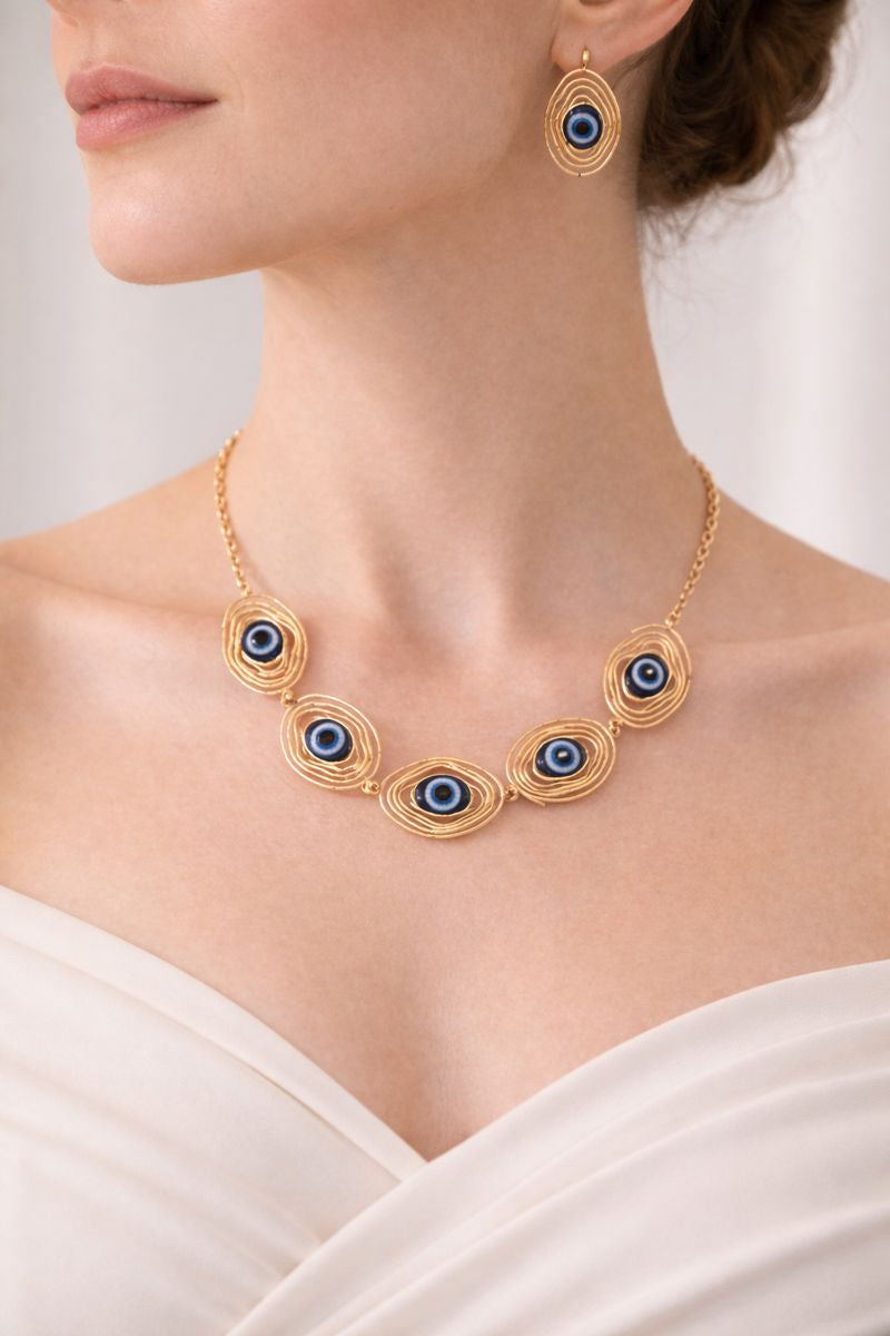 Gold Plated Evil Eye Necklace & Earrings Set ( Code 23-180)