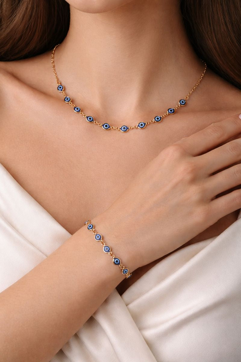 Gold Plated Evil Eye Necklace & Bracelet Set ( Code 23-181)