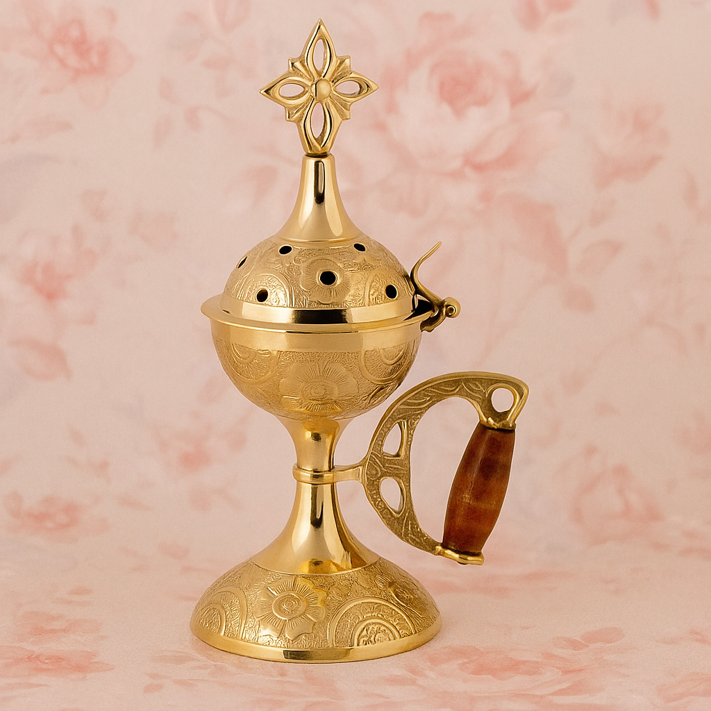 Brass Orthodox Table Censer with Wooden Handle – Θυμιατό Τραπεζίου