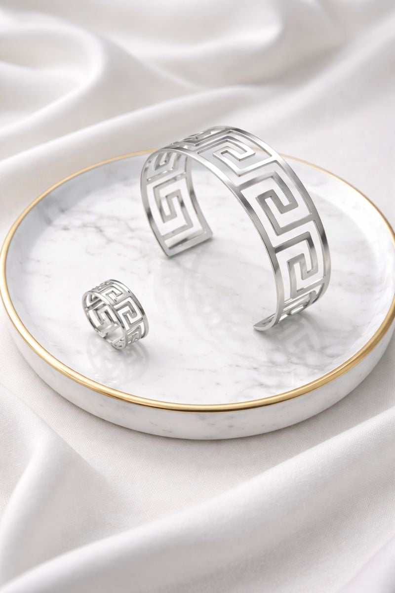 Greek Key Silver Cuff Bracelet & Ring Set