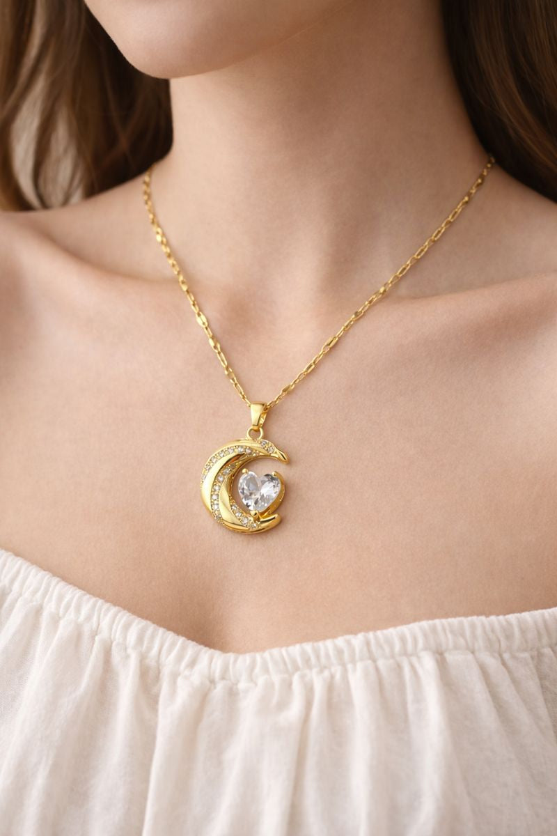 Gold Plated Crescent Moon & Heart Pendant Necklace (Code 9-66)