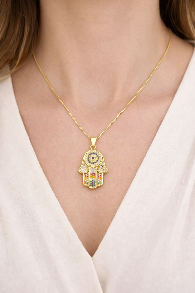 Gold Plated Hamsa Evil Eye Necklace – Multicolour Zircon ( code 15-118)