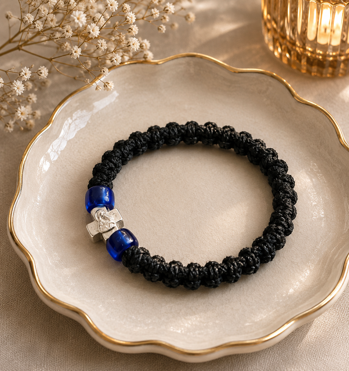 Handmade Kobiskini Bracelet – Cross Design (Blue Beads) (Code 1-2)