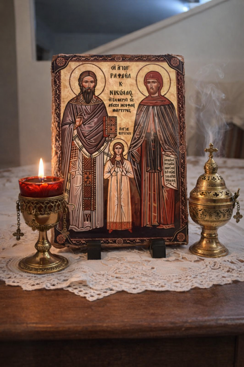 Orthodox Icon of Saints Raphael, Nicholas & Irene / Ορθόδοξη Εικόνα των Αγίων Ραφαήλ, Νικολάου και Ειρήνης