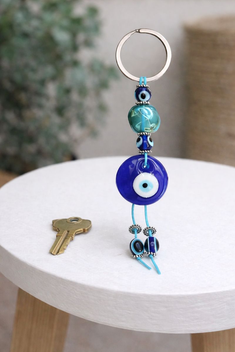 Greek Evil Eye Keychain – Blue & Turquoise Glass Charm