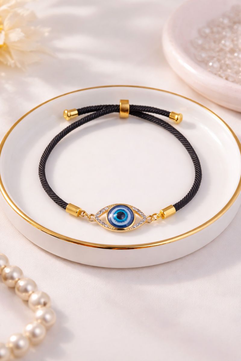 Evil Eye Adjustable Bracelet – Gold & Black Cord ( code 13-102)