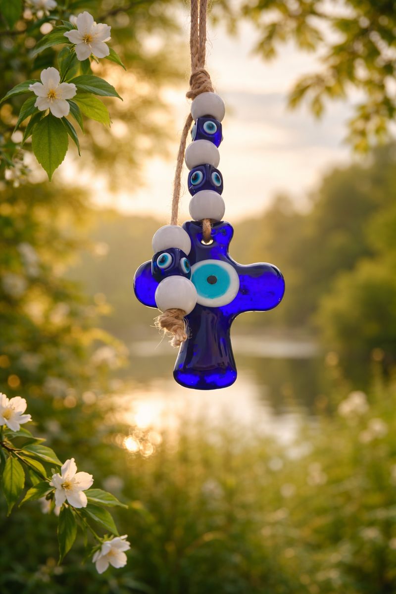 Blue Glass Cross with Evil Eye – Hanging Protection Charm
