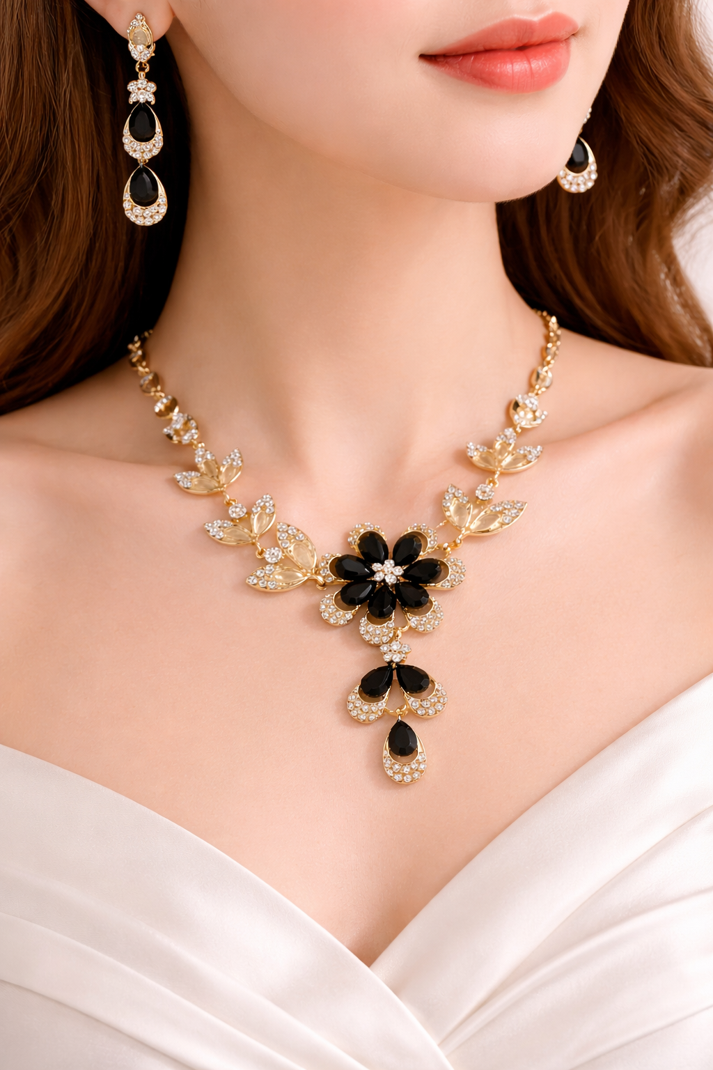 Black Floral Party Necklace and Earrings Set for Women