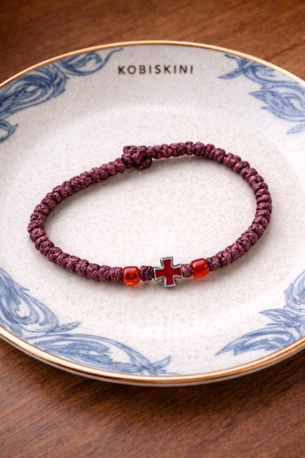 Burgandy Cross Bracelet with Red Beads (Code 2-13)