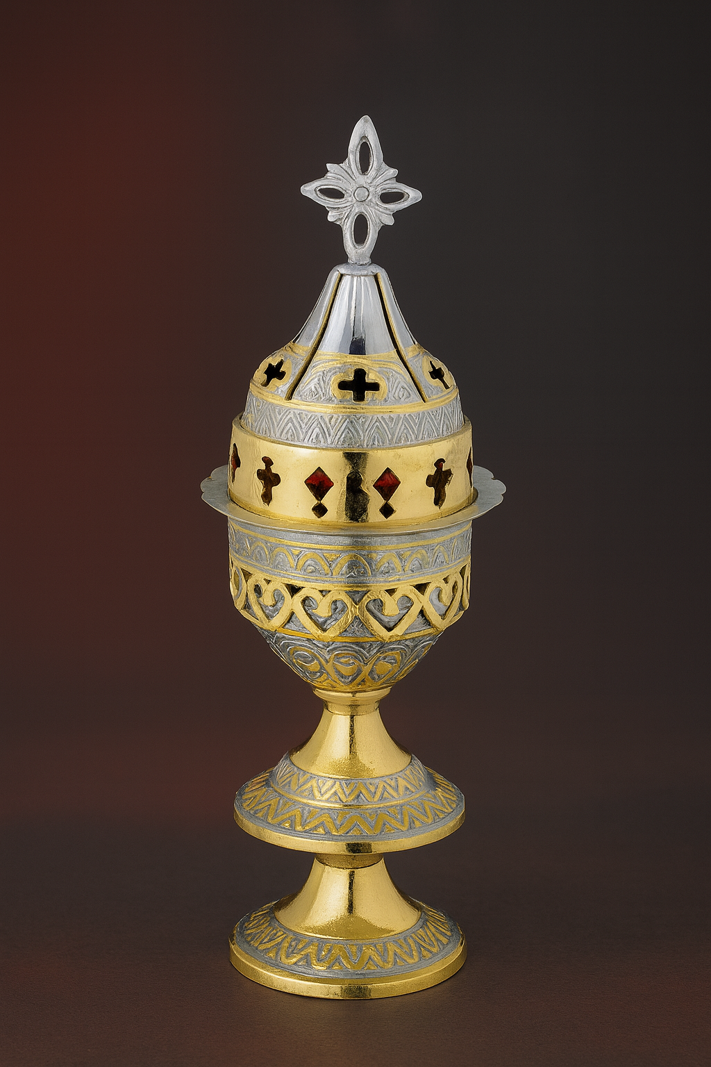 Ornate Gold & Silver Kandili with Red Glass Inlays
