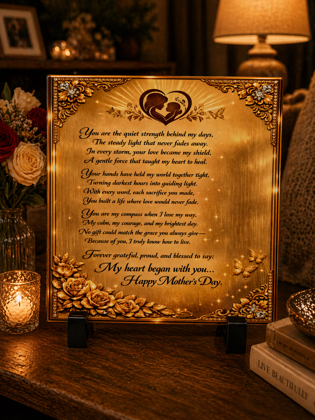 Happy Mother’s Day” Heartfelt Poem Plaque – Elegant Gold Decorative Gift for Mum