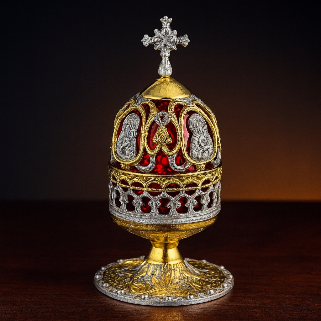 Ornate Gold & Silver Kandili with Red Glass