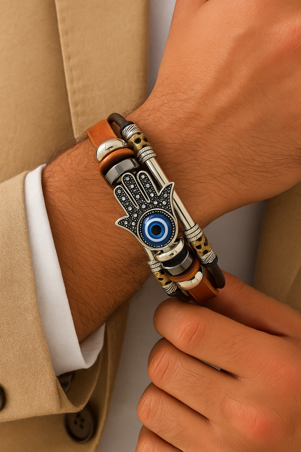 Bracelet with Blue Evil Eye – Genuine Leather & Stainless Steel (Code 6-46)